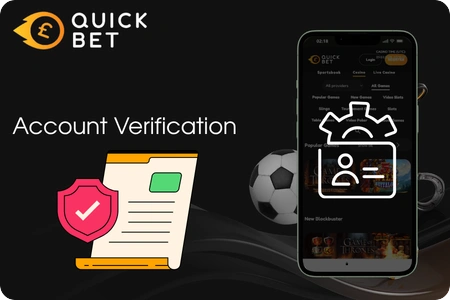 QuickBet account verification section with document checklist, pink shield icon, and a smartphone showing the profile settings screen on a dark background