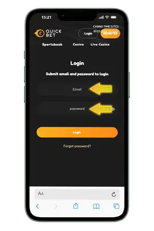 QuickBet login screen on a smartphone with yellow arrows pointing to the Email and Password input fields00