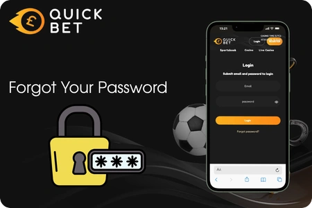 QuickBet forgot password section with a yellow padlock and password field icon next to a smartphone showing the login page on a dark background