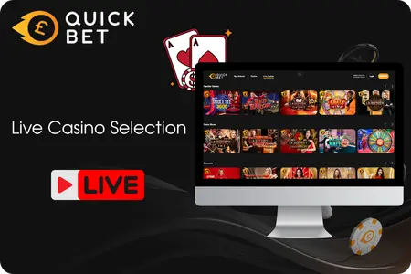 QuickBet live casino displayed on a desktop monitor with dealer thumbnails and a red Live badge