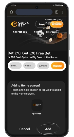 Add to Home Screen popup on a Samsung phone with Cancel and Add buttons at the bottom showing the QuickBet icon
