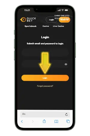 QuickBet login screen on a smartphone with a large yellow arrow pointing down to the orange Login button and Forgot Password link below