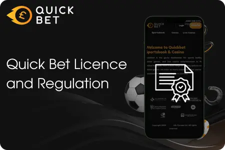 QuickBet licence and regulation section with a smartphone displaying the official site, a golden certificate badge, and a football on a dark background