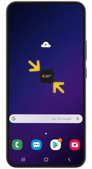 Samsung home screen with the QuickBet shortcut icon and yellow arrows pointing to it between other apps