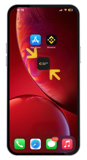 iPhone home screen with the QuickBet shortcut icon next to App Store and Binance with yellow arrows pointing to it