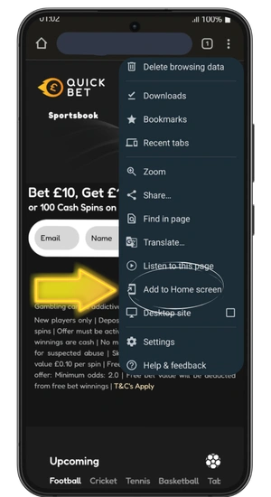 QuickBet in Chrome browser with menu open on an Android phone with a yellow arrow pointing to the Add to Home Screen option in the dropdown list