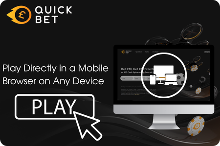 QuickBet desktop site with a Play button and floating casino chips on a dark background