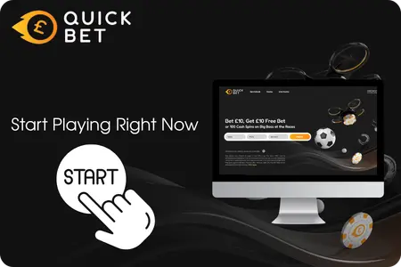QuickBet UK registration page displayed on a desktop monitor with a Start button and hand cursor icon on a dark background with floating casino chips and sports balls