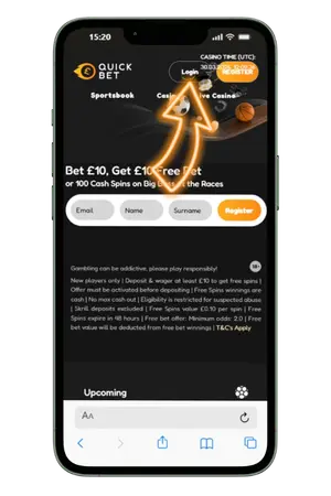 QuickBet mobile homepage with Login button highlighted in the top navigation bar next to the orange Register option
