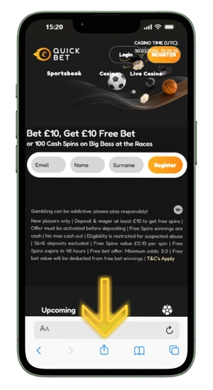 iPhone Safari browser showing QuickBet homepage with yellow arrows pointing down to the share button on the bottom toolbar