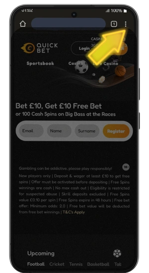 Android Chrome browser showing QuickBet homepage with a yellow arrow pointing up to the three dots menu button in the top right corner