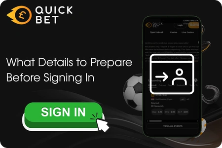 QuickBet registration guide with a smartphone showing the welcome page and licence logos, lock icon on a dark background
