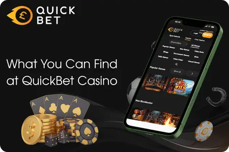 QuickBet Casino mobile app on a smartphone showing the game lobby with playing cards, gold coins, and casino chips on a dark background