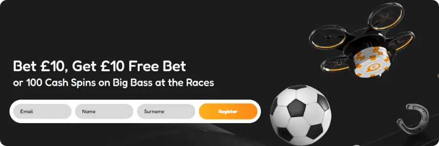 QuickBet welcome offer registration banner with Email, Name, and Surname fields, orange Register button, and floating football, basketball, horseshoe, and casino chip graphics on a dark background