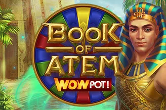 Book of Atem WowPot jackpot slot with an Egyptian pharaoh and colourful bonus wheel at QuickBet Casino