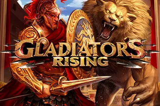 Gladiators Rising video slot with a Roman gladiator holding a sword and shield next to a roaring lion in a colosseum at QuickBet Casino