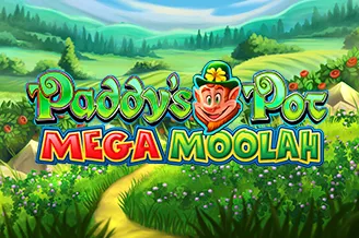 Paddys Pot Mega Moolah jackpot slot with a smiling leprechaun in a green Irish meadow at QuickBet Casino