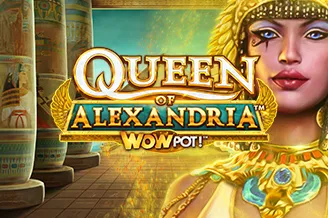 Queen of Alexandria WowPot jackpot slot with an Egyptian queen wearing gold jewellery in a temple at QuickBet Casino
