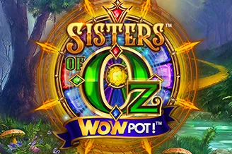Sisters of Oz WowPot jackpot slot with a golden wheel and emerald gem in an enchanted forest at QuickBet Casino