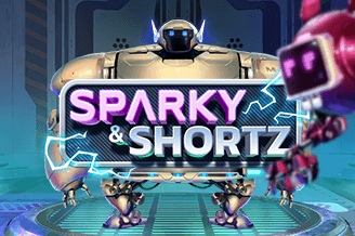 Sparky and Shortz video slot with two small robots on a glowing platform in a futuristic neon laboratory at QuickBet Casino
