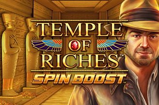 Temple of Riches Spin Boost video slot with an explorer wearing a brown hat inside a golden Egyptian temple at QuickBet Casino