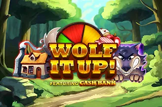 Wolf It Up video slot with a cartoon grey wolf running past a thatched cottage in a green forest at QuickBet Casino