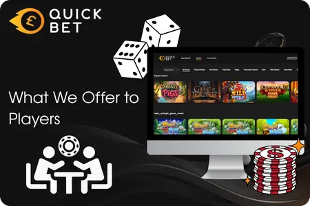 QuickBet casino lobby on a desktop monitor with dice, casino chips, and player icons on a dark background
